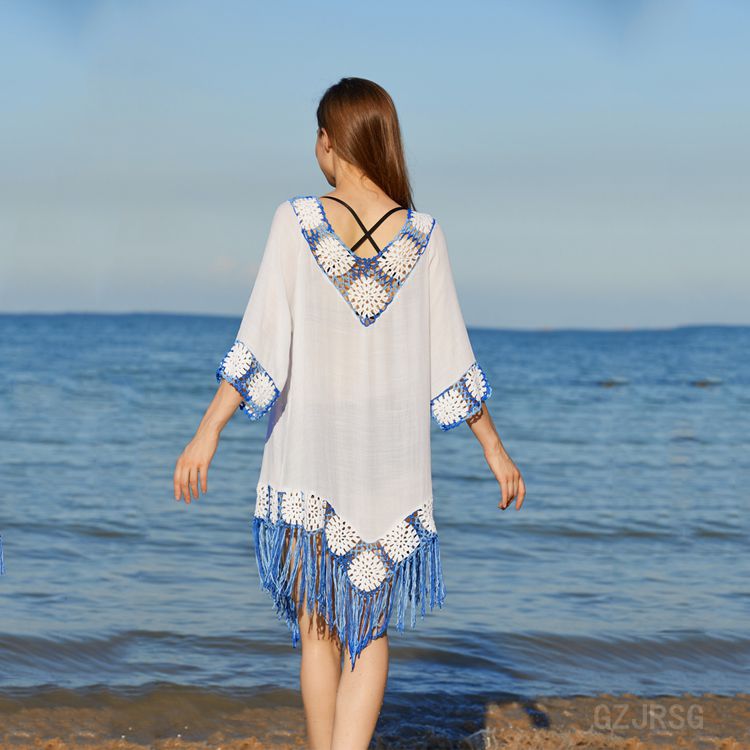 hand hook stitching fringed mid-sleeve loose beach outdoor cover-up NSFH123964