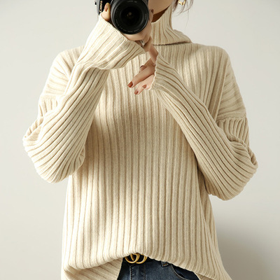 2020秋冬新款高领羊绒衫女毛衣宽松套头纯羊毛堆堆领针织打底