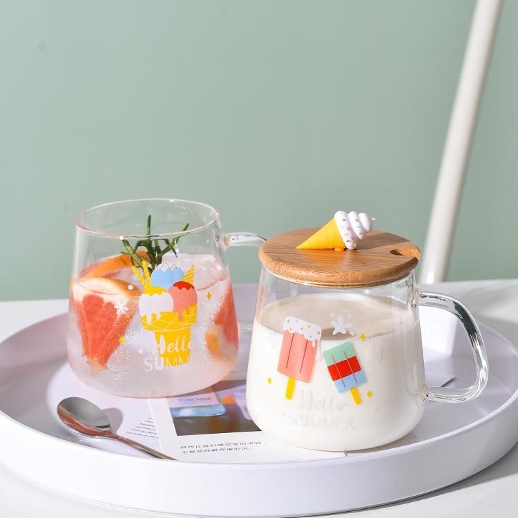 Creativo verano helado forma de dibujos animados alta temperatura resistente taza vidrio con tapa cuchara transparente beber limón