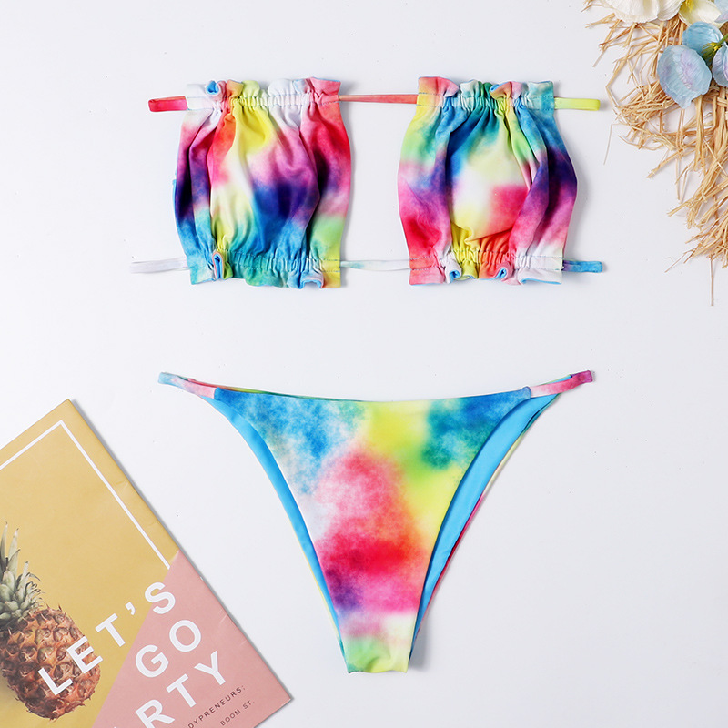 tie-dye tube top strapped triangle bikini NSHL31366