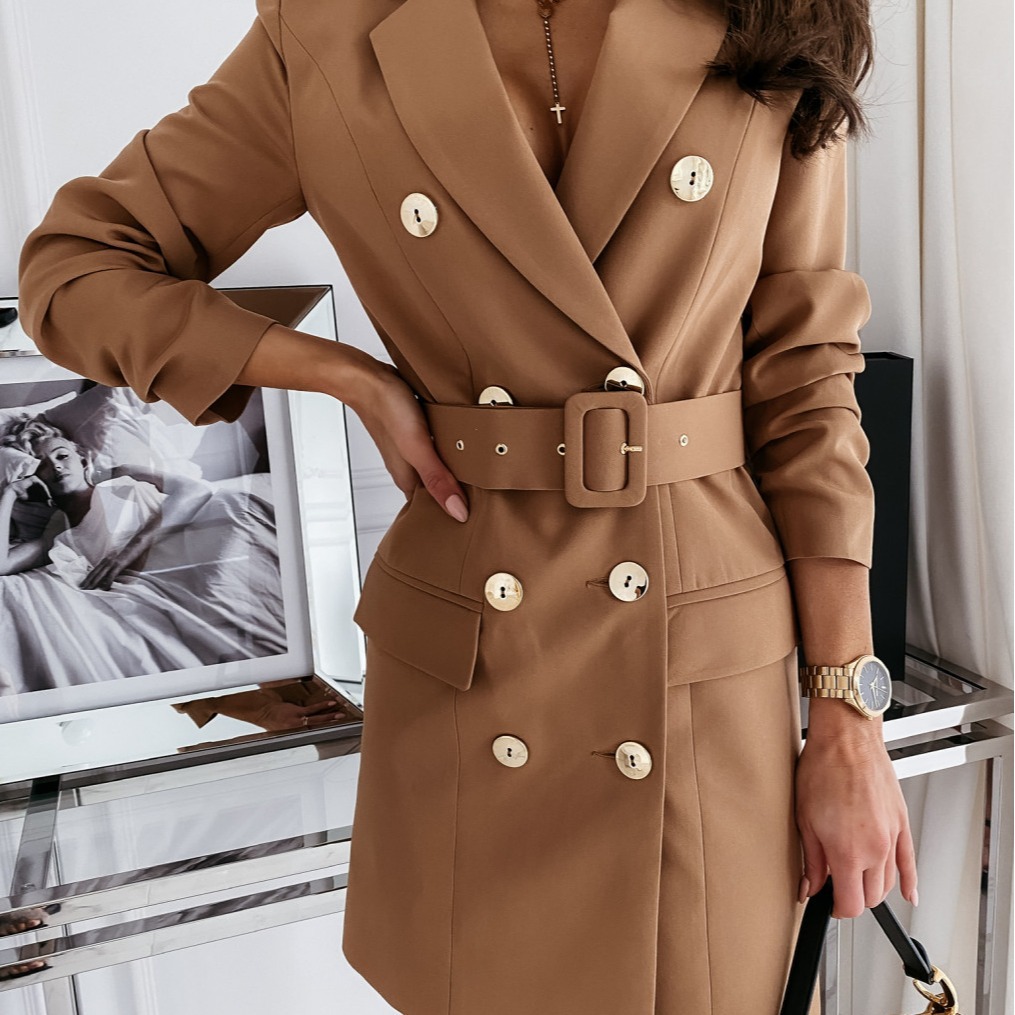 2021 Autumn And Winter Pop-up Long Sleeved Belt Color Suit Dress Coat Women's Wear Lady Dress