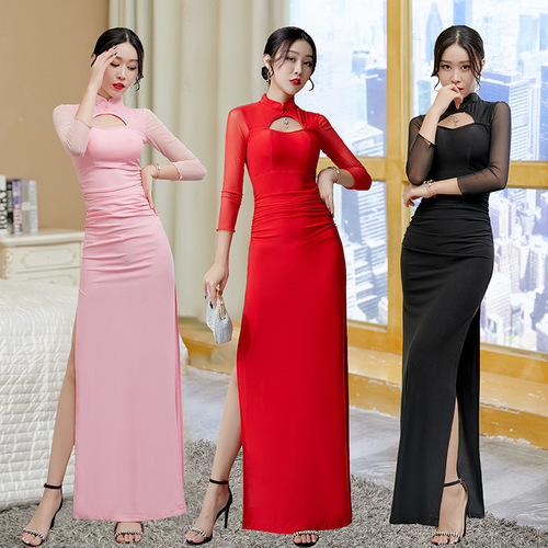 Red pink black lace Club ladies during daily etiquette restoring ancient ways Chinese Dresses Retro Qipao autumn winters is mother improved split qipao dress
