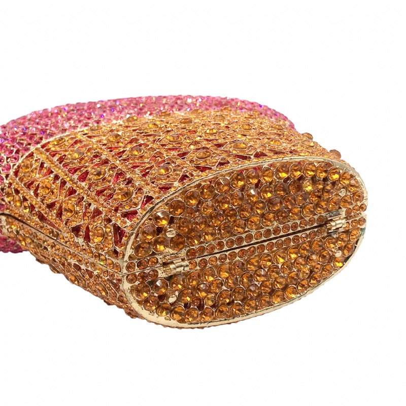 Túi clutch dạ tiệc nữ kim loại rỗng đính đá pha lê, hộp cứng cầm tay 16.5×5×17 cm — Màu vàng chi tiết 7