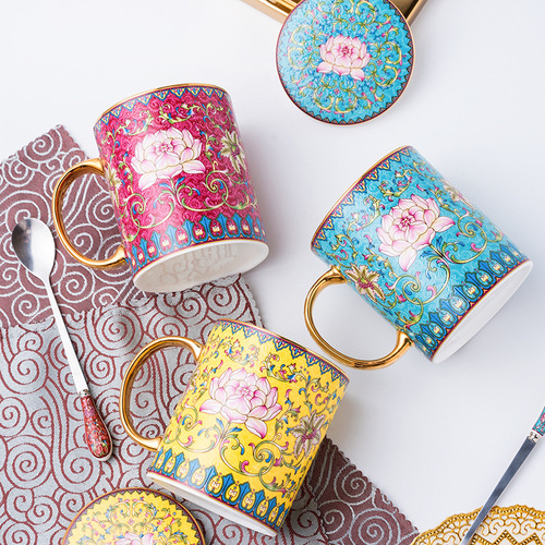 New Chinese-style court imperial porcelain enameled coffee cup and saucer with lotus pattern, bone china coffee mug, flower tea cup and saucer