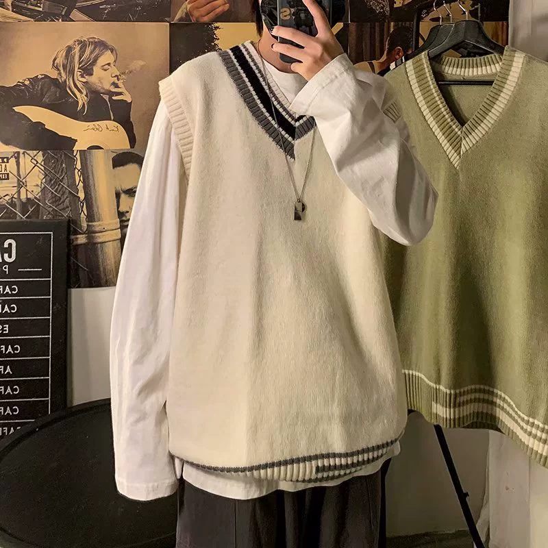 Sweater, brand trend demi-season vest, V-neckline, oversize, Korean style