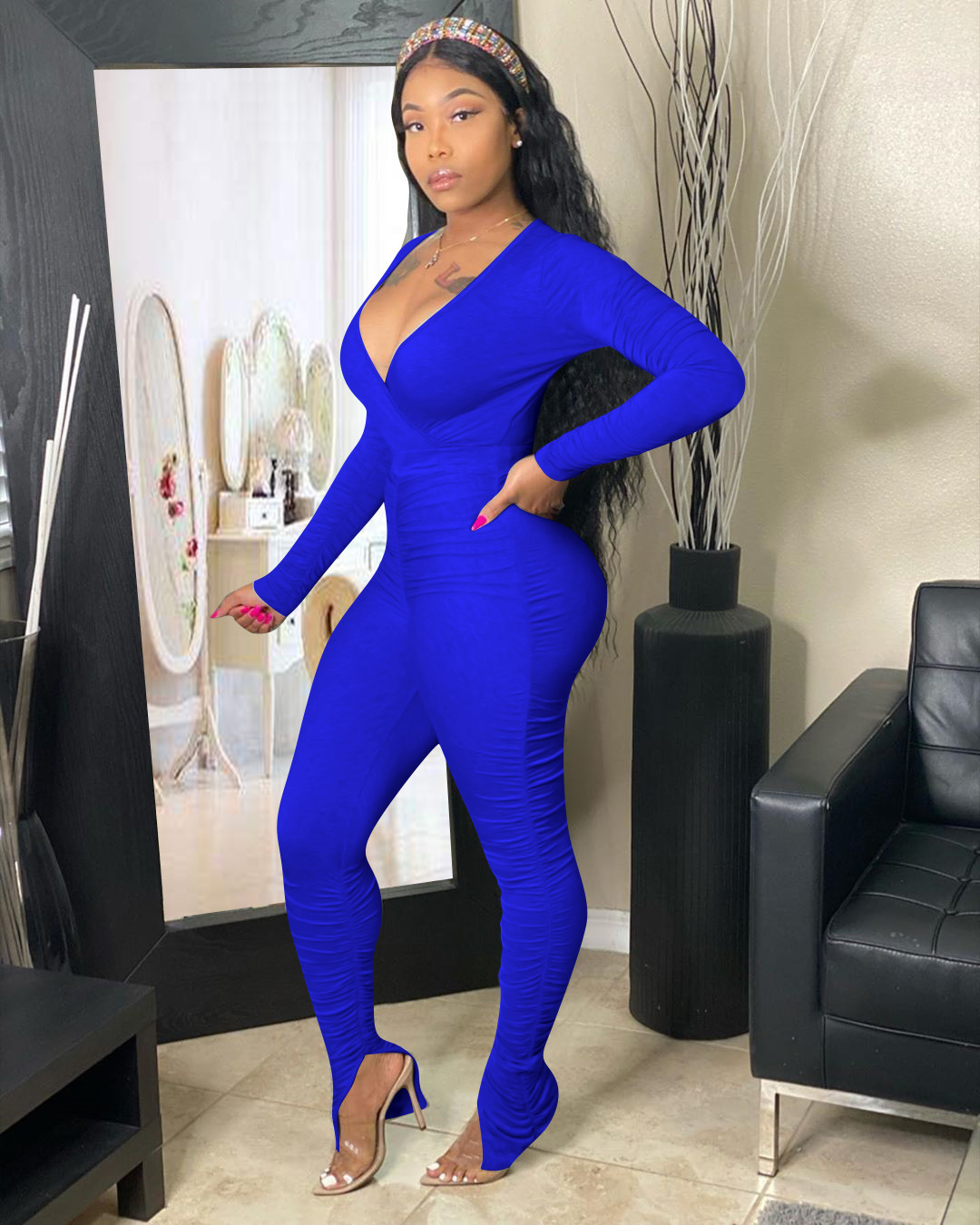 13992 Activewear Women's Solid Color V-neck Long Sleeve Fashion Stacked Split Side Jumpsuit One Piece Jumpsuit Flare