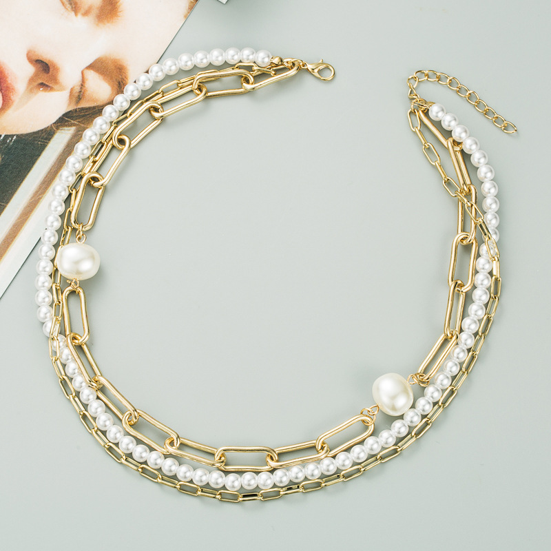 neue Mode einfache mehrschichtige Metallschnalle kurze glnzende Perlenkettepicture3