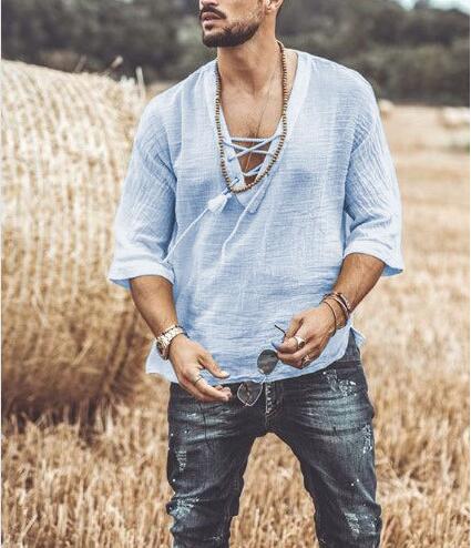 2024 Summer New Product Amazon European and American Men's Clothing Foreign Trade Fashion Drawstring Solid Color T-Shirt Cotton and Linen Men's Dropshipping