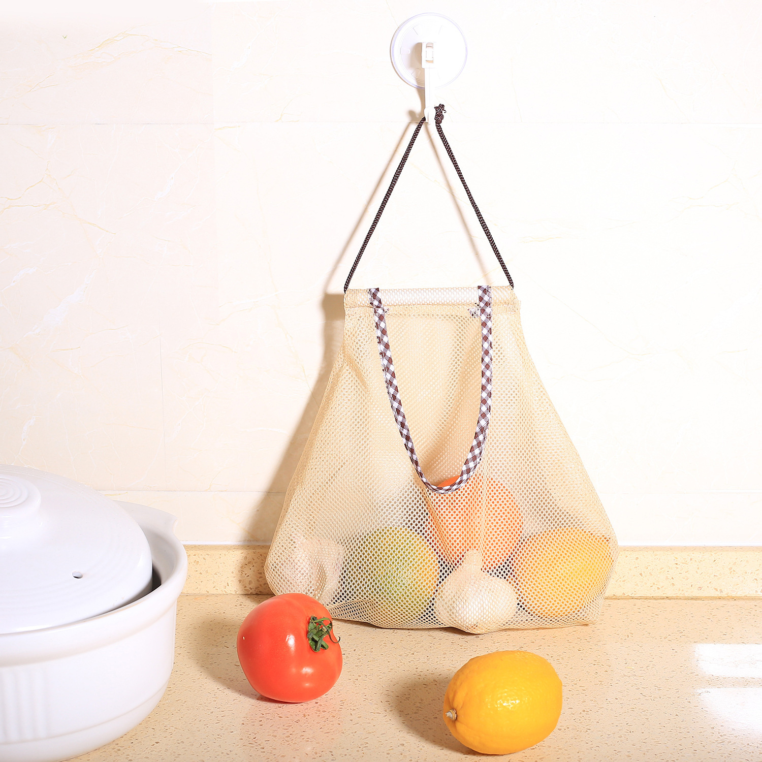 亚马逊爆款悬挂式格纹网布袋储物袋厨房果蔬袋浴室透气涤纶网兜