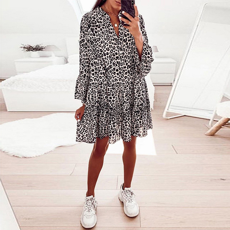 Spring Summer Printed Long Sleeve Loose V-neck Stitching Babydoll Dress for Women