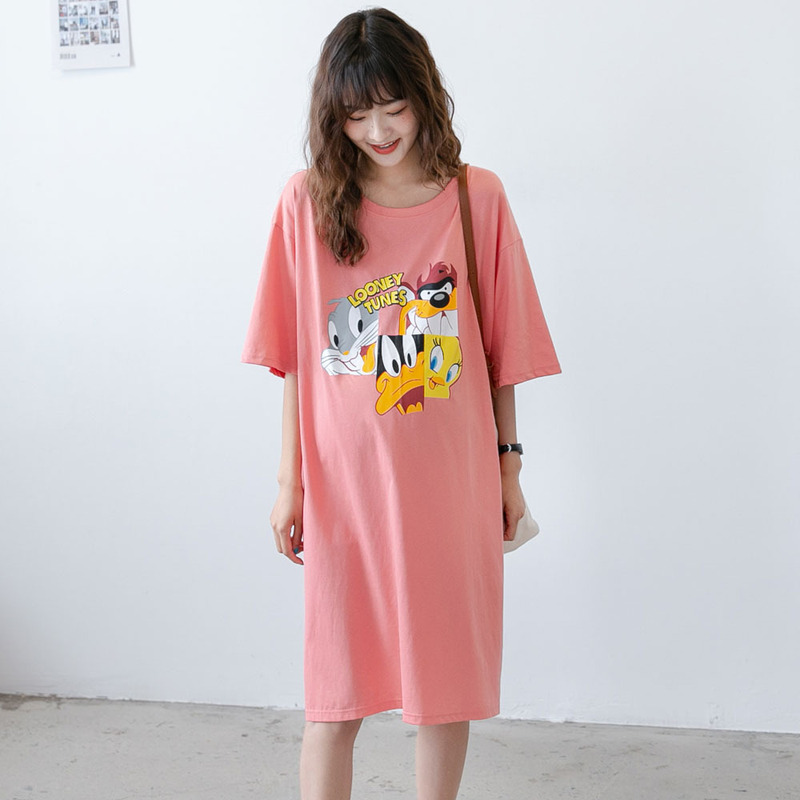Summer Pregnant Women's Dress Korean-style Cartoon Print Cute Age-reducing T-shirt Dress Loose Large Size Western-style Fashion Trendy Mom's Dress