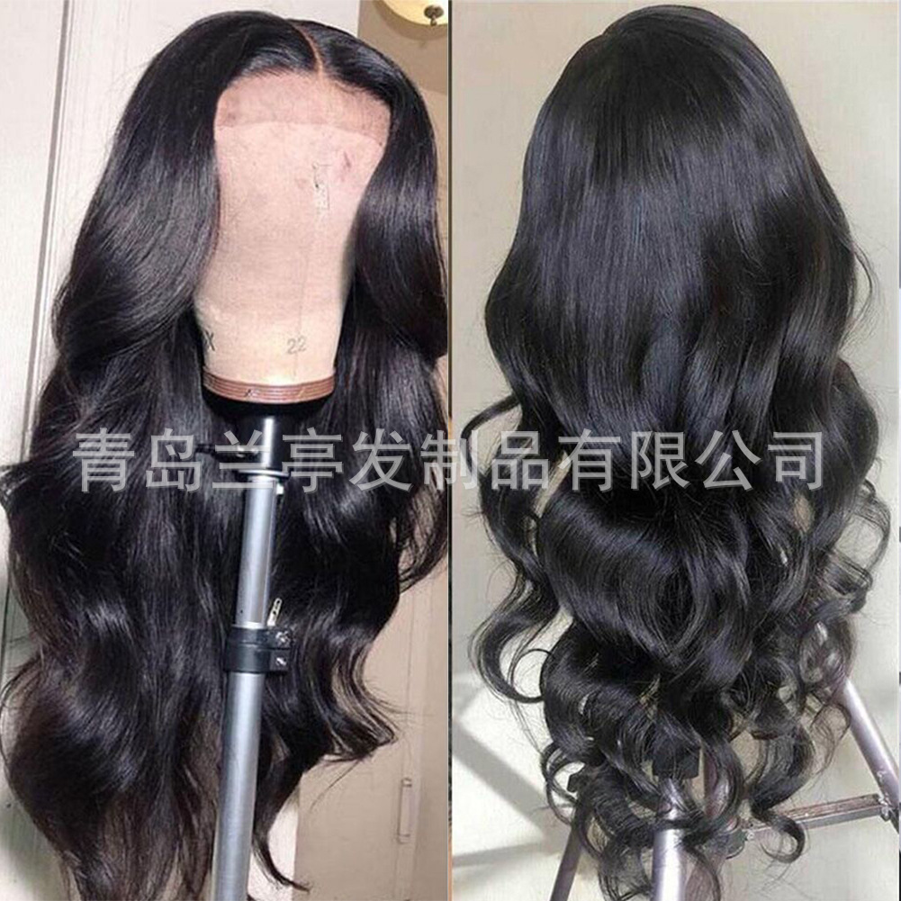 Amazon new popular European and American wig chemical fiber front lace women's long curly hair black wig headgear