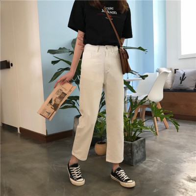 批發2020新款流行韓版百搭休閑褲女高腰寬松顯瘦直筒牛仔褲女