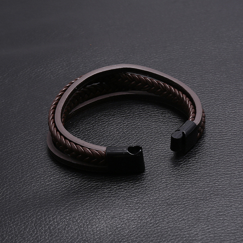 Men's Leather Bracelet, Multi-layer Woven Wristband With Magnetic Clasp_voghion.com
