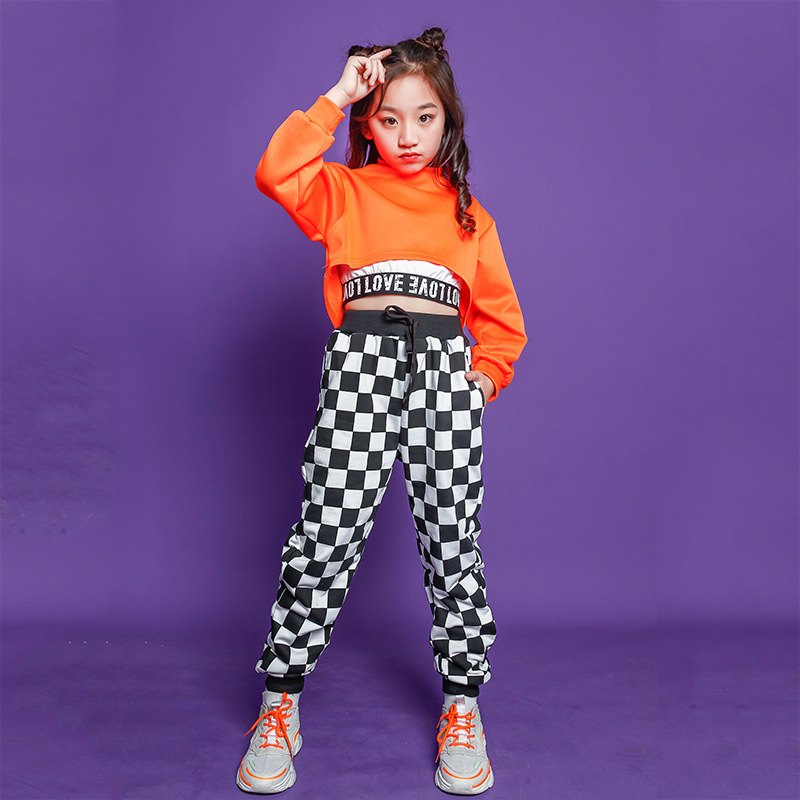 orange plaid Girls street dance costumes Rapper singers hiphop costumes for girls hip-hop show dress tide kids street dance suit 