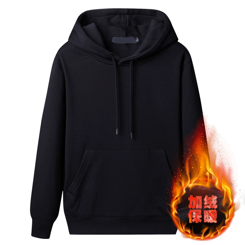 Однотонная флисовая толстовка для мужчин, с капюшоном, утолщенная, теплая осенняя кофта, топ с круглым вырезом, корейский стиль, зимняя флисовая подкладка для тепла.