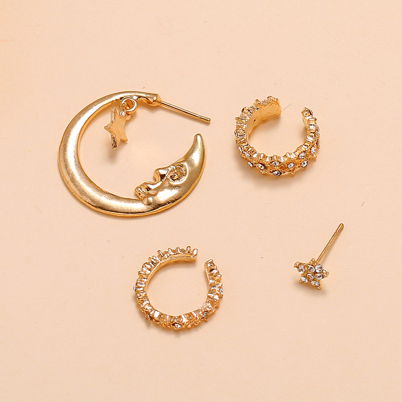 4 Pieces Retro Star Moon Alloy Plating Artificial Diamond Women's Earrings display picture 2