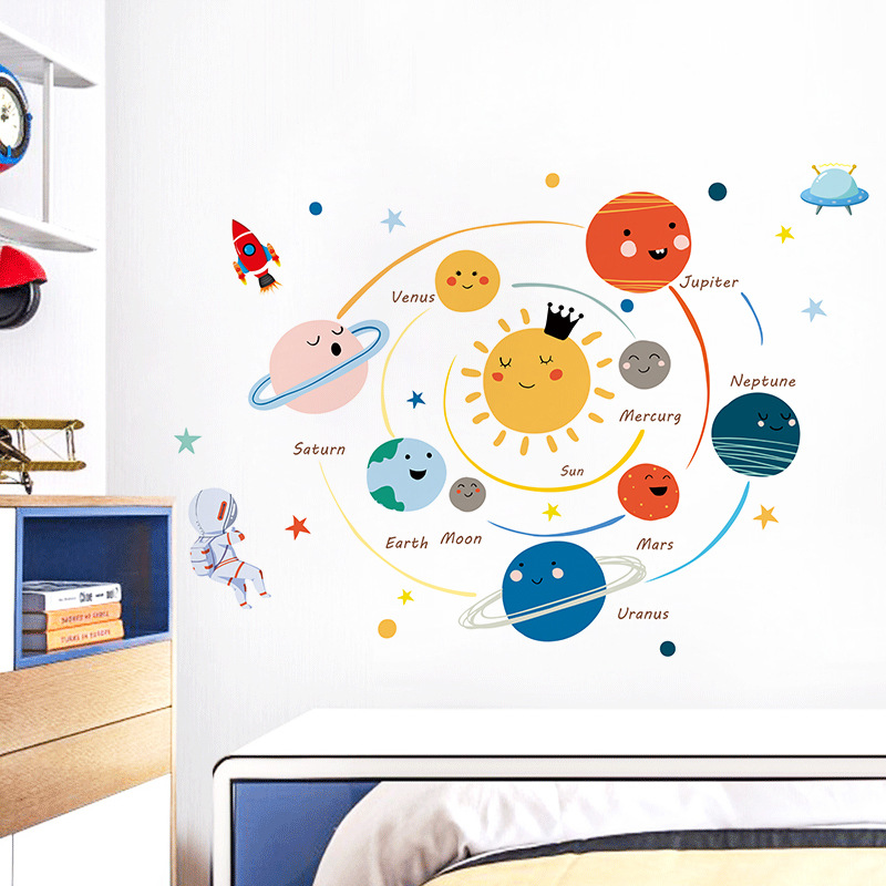 Cartoon hand-painted solar system wall s...