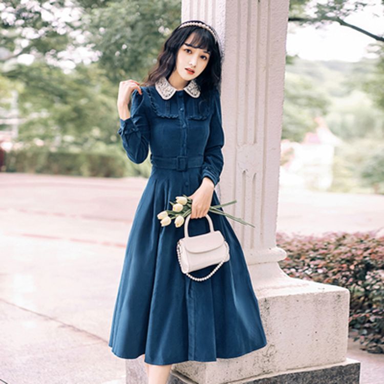 法式收腰显瘦复古娃娃领灯芯绒连衣裙气质内搭打底长裙女2021秋冬