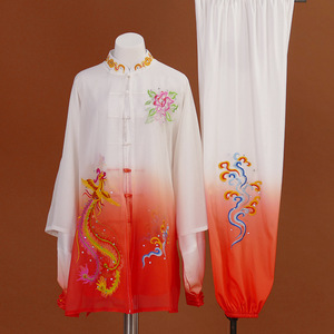 Tai chi clothing chinese kung fu uniforms Taiquan training suit female white orange gradual embroidery Phoenix professional Taiquan performance suit