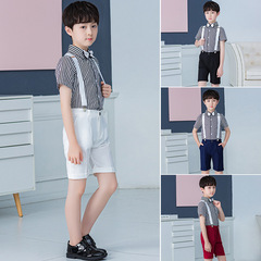 Children's Summer Two-Piece Set with Striped Shirt and Overalls, Birthday Piano Performance Dress for Boys