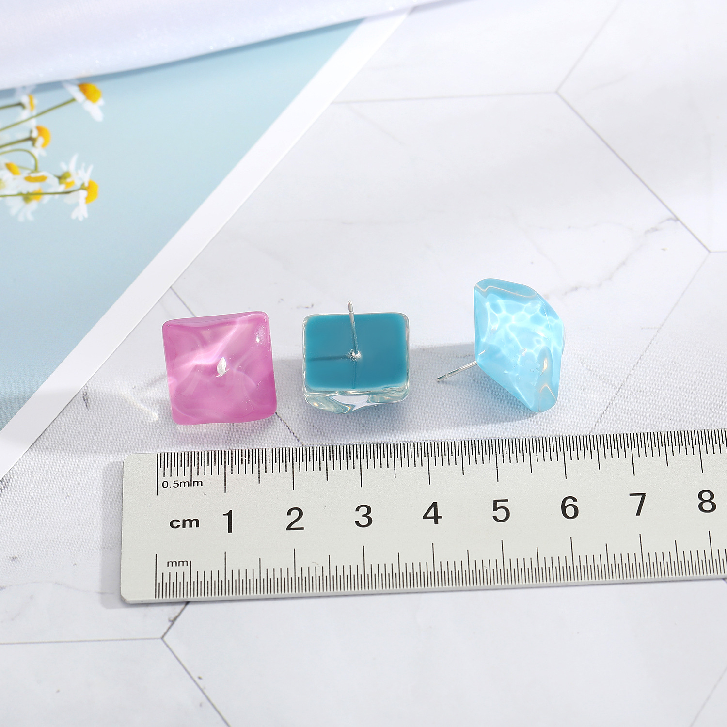 new minimalist 925 silver needle stud wave transparent candy square resin earrings