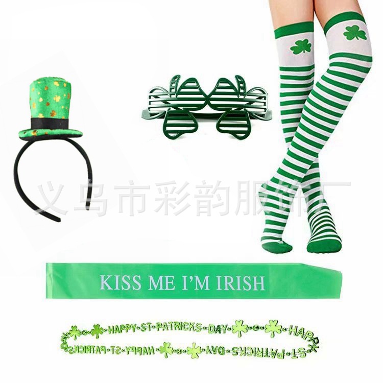 Ventas calientes irlandeses set de calcetines rayados banda de pelo combinación día de San Patricio clover set adornos