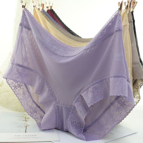 Full mesh lace high waist large size fat MM women's underwear sexy thin summer breathable women's briefs panties