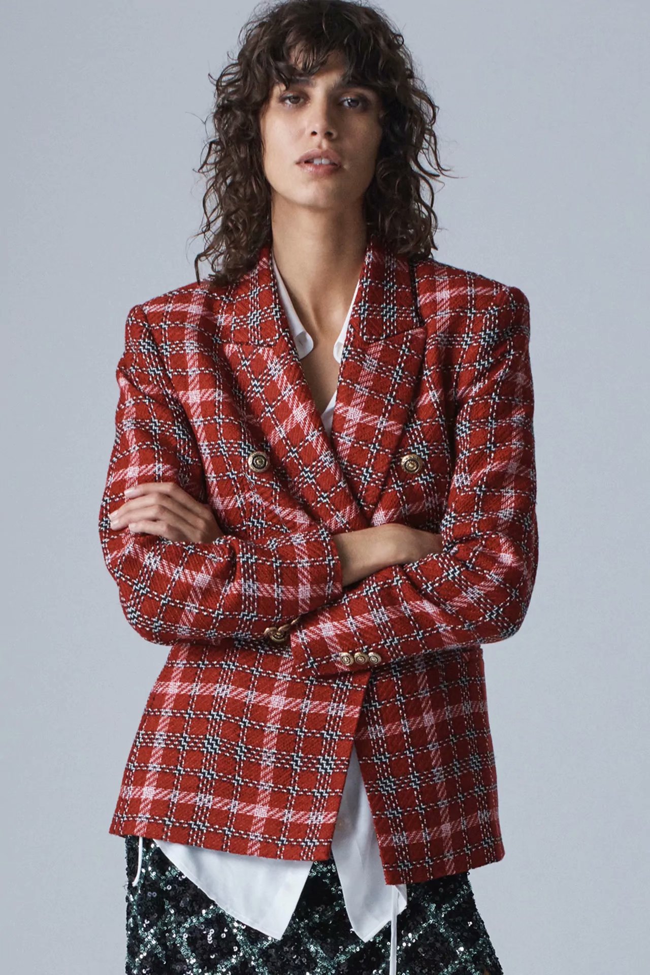 red plaid double row metal button suit jacket  NSAM11252