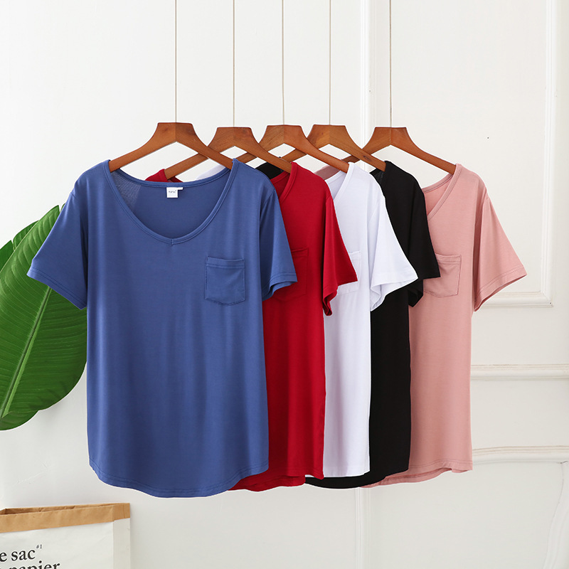 Summer New Modal V-neck Short Sleeve Pocket T-shirt Korean Style Loose Simple Base Shirt All-match Solid Color Top