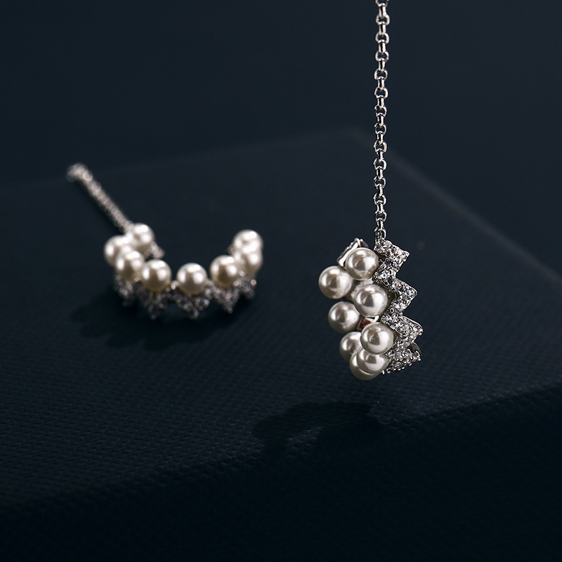 apm@ML欧美风纯银波浪耳圈珍珠耳线 简约925银折线镶钻耳饰招代理