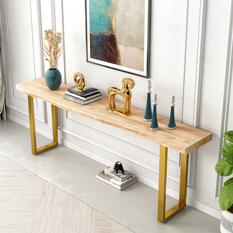 铁作坊 铁艺玄关桌玄关台墙边柜实木靠墙桌子条案北欧金色置物架|ms