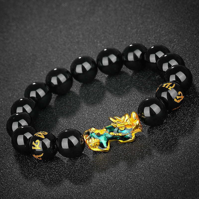 Vietnamese gold 3D temperature sensitive color changing Pixiu bracelet obsidian six character mantra Buddhist beads bracelet _voghion.com