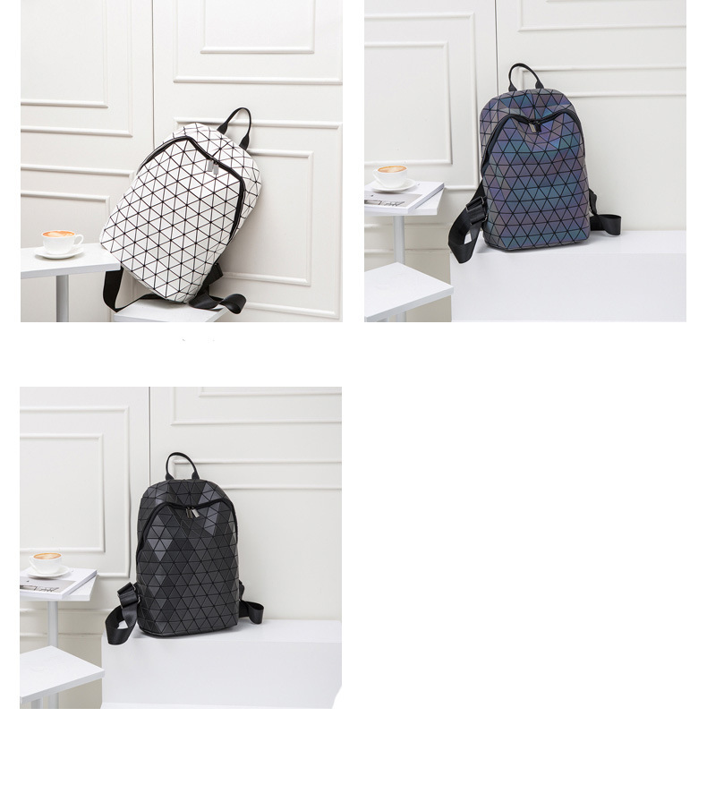 Mochila luminosa a laser geométrica feminina em PU com grade de diamantes da moda_voghion.com