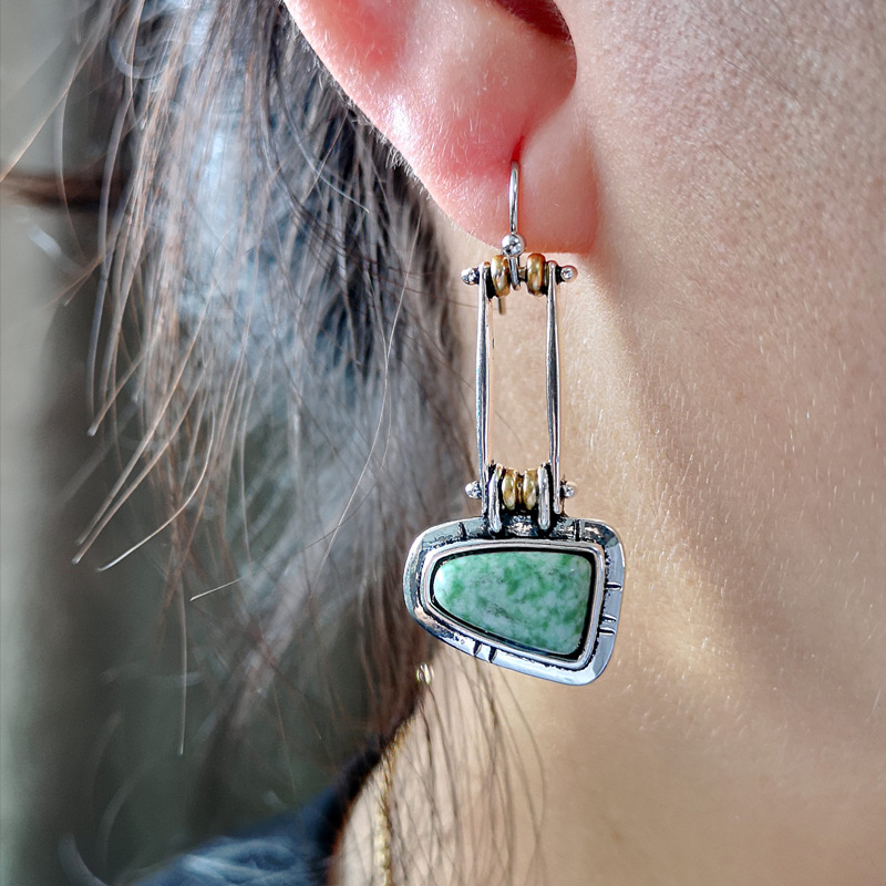 new retro turquoise emerald gemstone earrings fashion asymmetric earrings womenpicture2