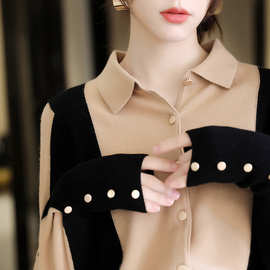 推荐BI入 藏拙巧妙撞色衬衫领气质羊毛混纺针织衫 打底衫女