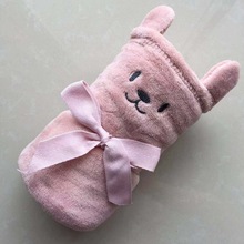 盖毯豆沙粉红蝴蝶结绑带卷装 可爱绣花小兔头珊瑚绒婴儿童小毛毯