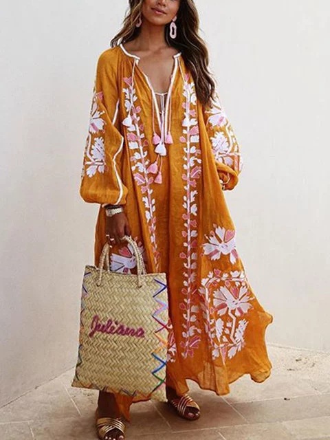 V-Neck Long-Sleeved Printed Dress NSYF46986