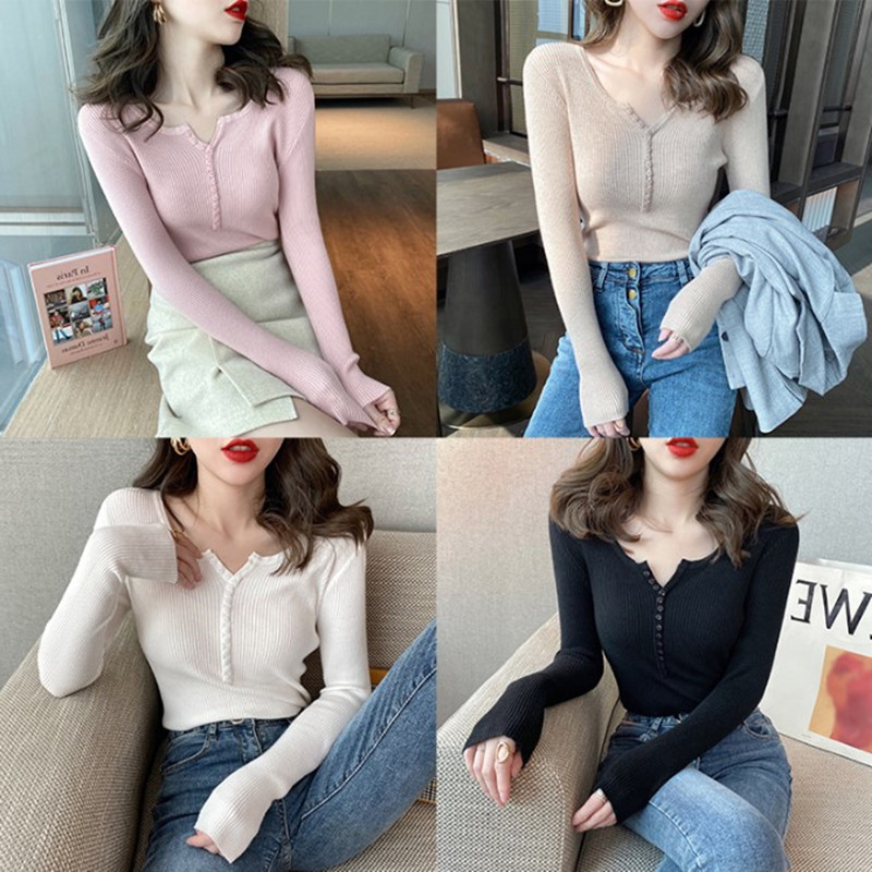 帮手主图-修身显瘦V领打底针织衫女秋装2020新款纯色毛衣内