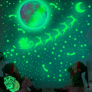 30cm彩虹色夜光月球 圣诞小鹿马车夜光墙贴星星流星圆点荧光贴纸