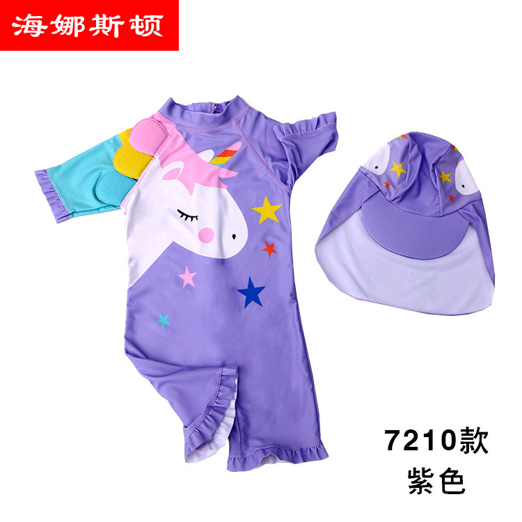 girl unicorn Colorful Swimsuit Conjoined Sunscreen bathing cap Swimming suit girl surfing children Swimsuit 7210