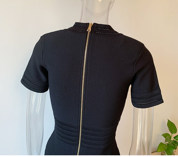 Spring Knitted Short Sleeved V neck Dress Sheath Army Green Black Texture