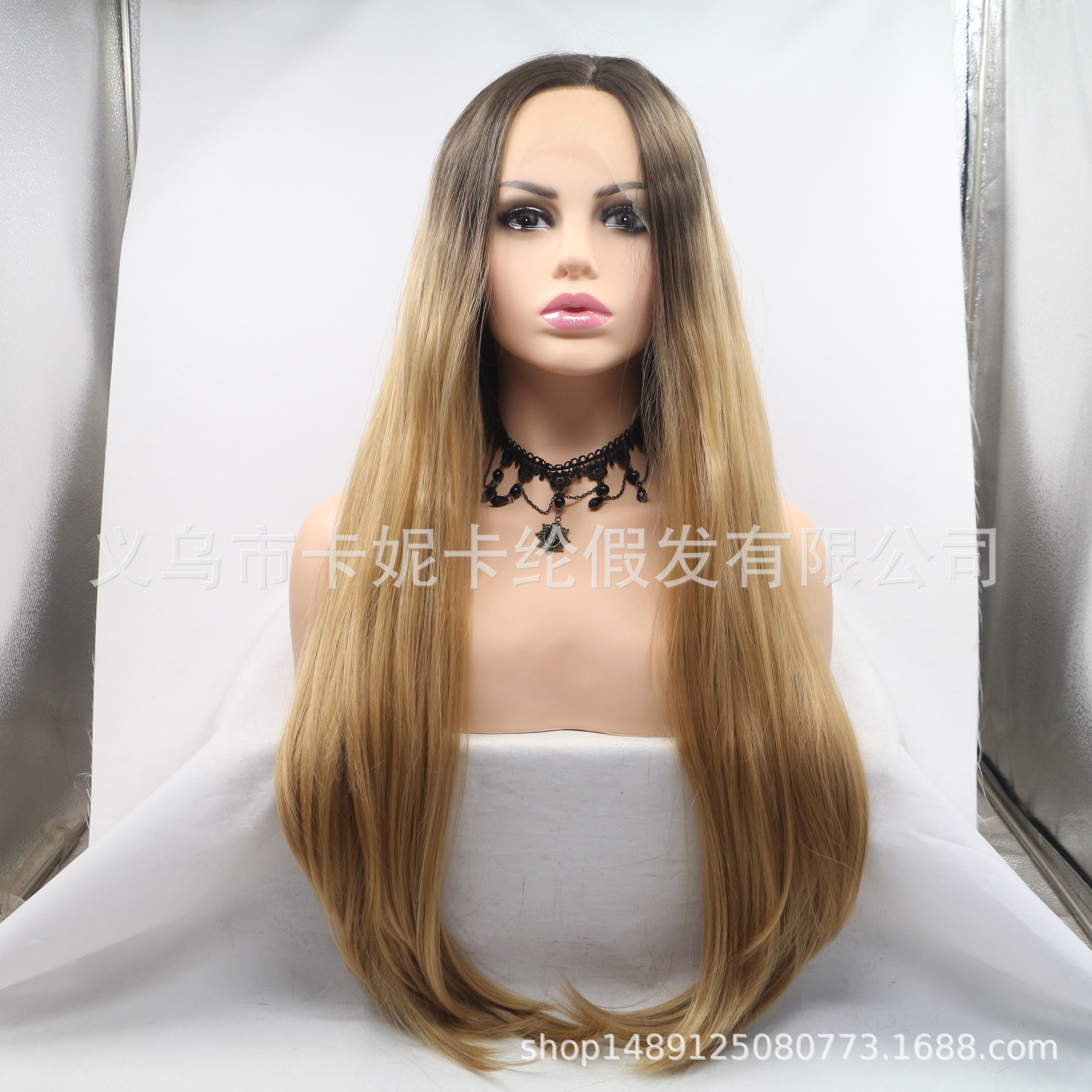 Peluca de moda de encaje ondulado de pelo liso de longitud media de 2 colores de moda europea en stock