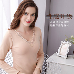 One-piece velvet large size thermal underwear for women thickened V-neck lace long-sleeved thermal underwear single-layer constant temperature bottoming shirt top