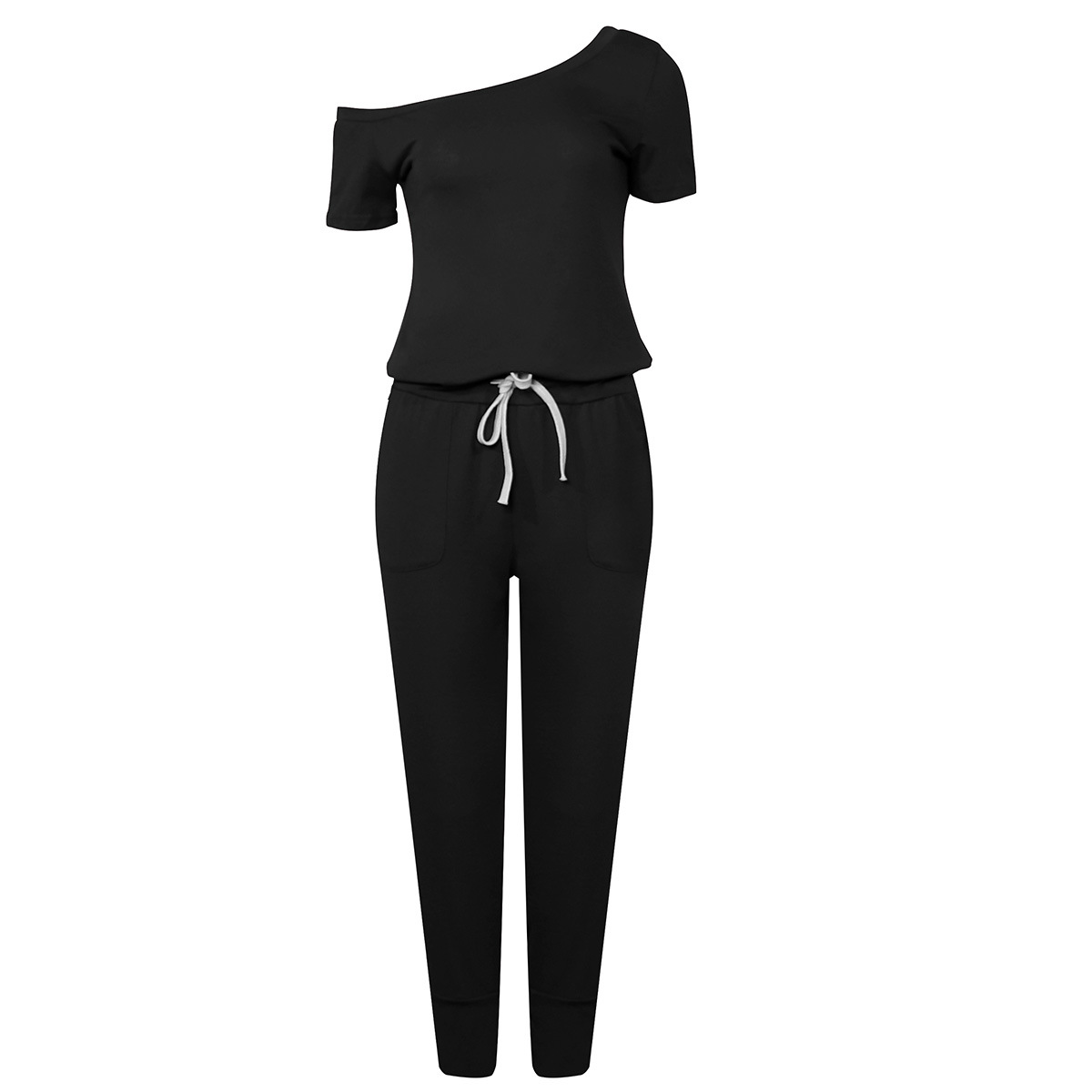 Women's Off-shoulder Jumpsuit With Pockets And Lace-up Details_voghion.com