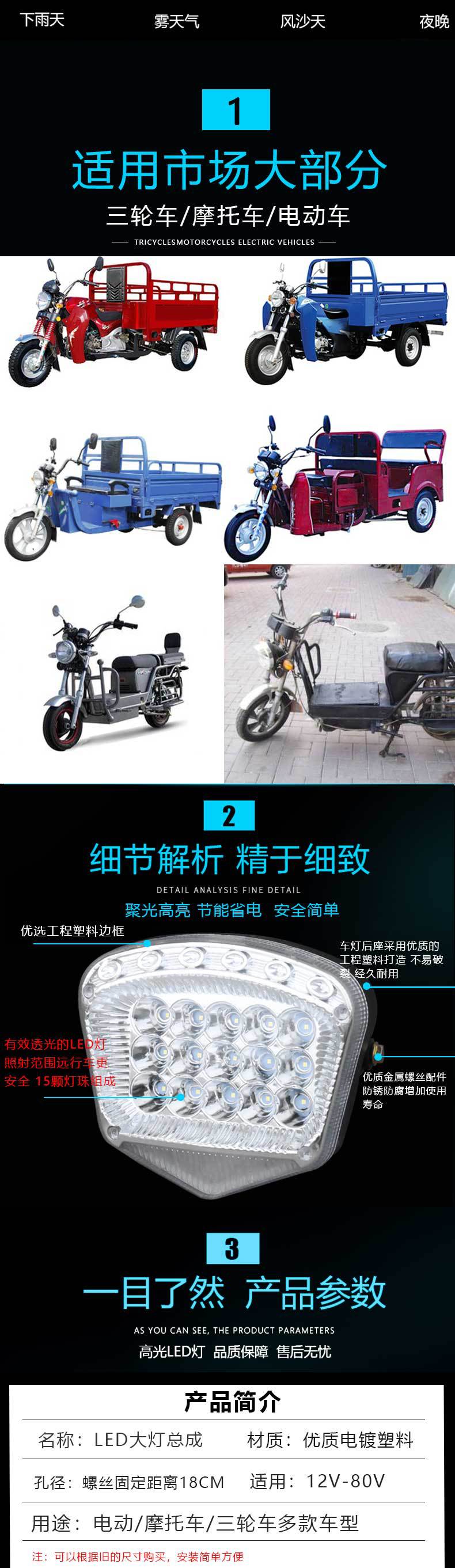 Electric Tricycle Headlight Assembly Super Bright Led Electric Car Headlight Battery Car Strong Light Spotlight Waterproof Universal