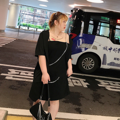 胖mm夏大码暗黑冷淡风链条不规则吊带连衣裙内搭显瘦小黑裙200斤