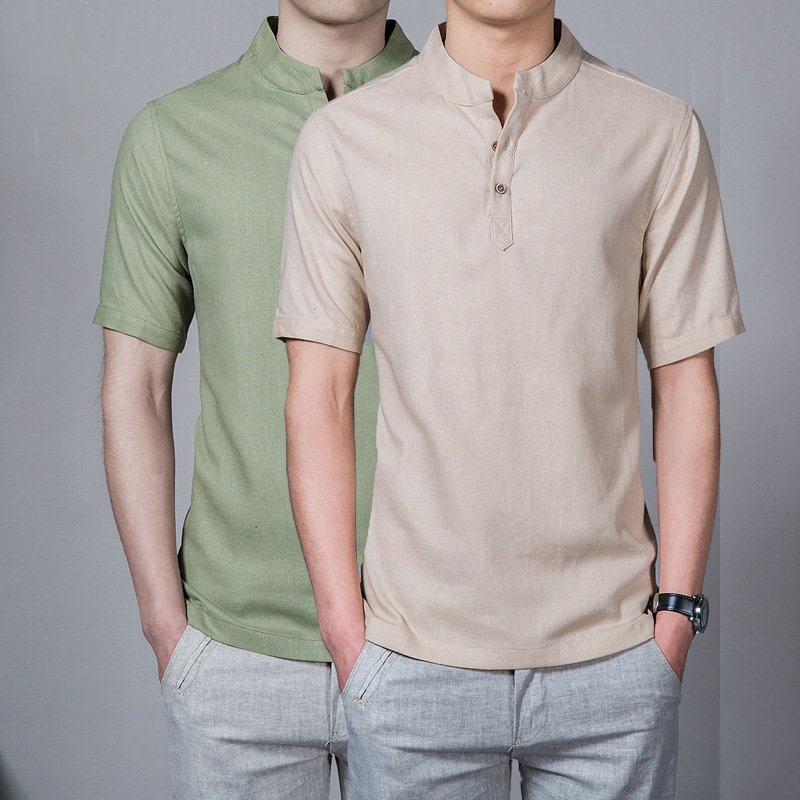 AliExpress Amazon Fashion Men's Summer plus size Casual Short Sleeve Cotton Linen Shirt Men's Short Sleeve Top Solid Color