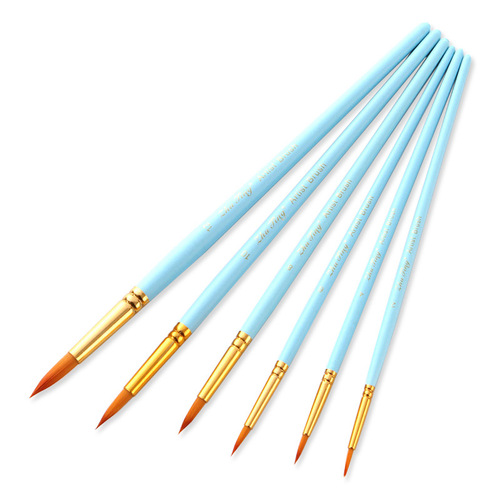 6 sharp pink rod nylon hair brushes, nylon hair watercolor brushes, gouache acrylic brushes