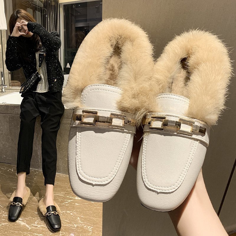 Autumn and winter Flat heel Baotou cortex Half dragged Exorcism Maomao Retro comfortable Cotton slippers Metal decorate Women's Shoes wholesale